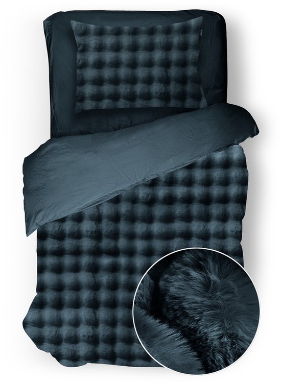 Eleganzzz Dekbedovertrek Shiny Bubble Pom Pom Flanel Fleece - Steel Blue - Dekbedovertrek 140x200/220cm - 100% flanel fleece - Eenpersoons dekbedovertrekken - 140x220cm - Teddy Dekbedovertrek - Fluffy Dekbedovertrek van Eleganzzz