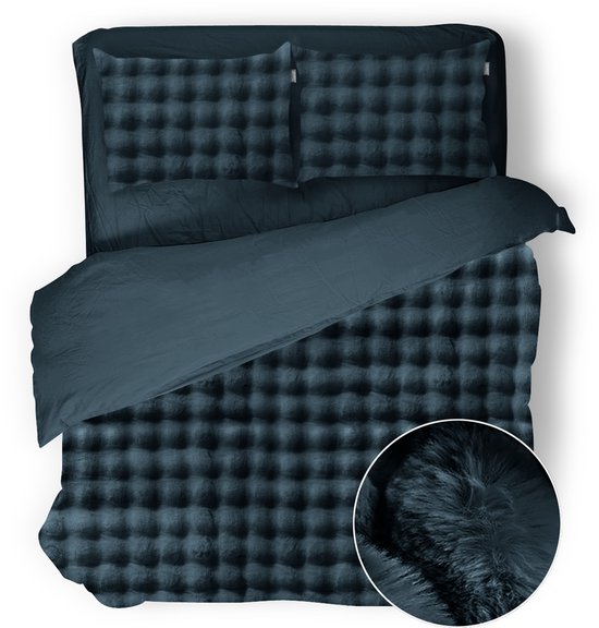 Eleganzzz Dekbedovertrek Shiny Bubble Pom Pom Flanel Fleece - Steel Blue - Dekbedovertrek 200x200/220cm - 100% flanel fleece - Tweepersoons dekbedovertrekken - 200x220cm - Teddy Dekbedovertrek - Fluffy Dekbedovertrek van Eleganzzz