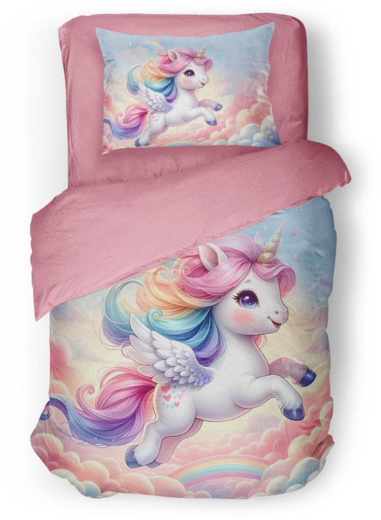 Eleganzzz Kinder Dekbedovertrek Rainbow Unicorn - Multi - 140x200/220cm - Dekbedovertrek Kinderen - Micropercal - Eenpersoons van Eleganzzz