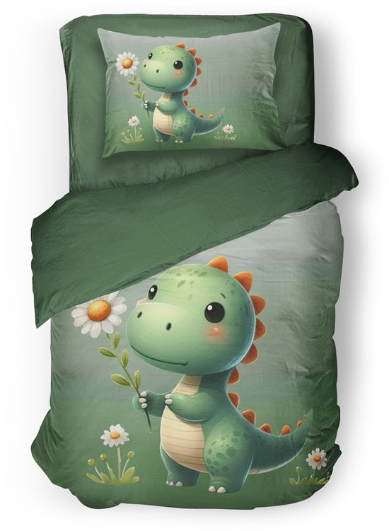 Eleganzzz Kinder Dekbedovertrek Sleeposaurus - Dino Dekbedovertrek - Green - 140x200/220cm - Dekbedovertrek Kinderen - Micropercal - Eenpersoons