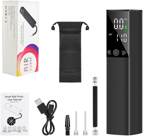 Elektrische ballenpomp, intelligente luchtpomp, draagbaar, snelle balopblazing met nauwkeurige drukmeter en digitaal LCD-scherm voor voetbal, basketbal, volleybal (2 naalden en 1 mondstuk) van Merkloos