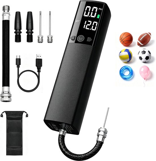 Elektrische ballpomp – Draagbare automatische snelpomp met manometer en LCD-scherm – Zwart, inclusief 2 naalden en 1 mondstuk voor basketbal, voetbal en volleybal