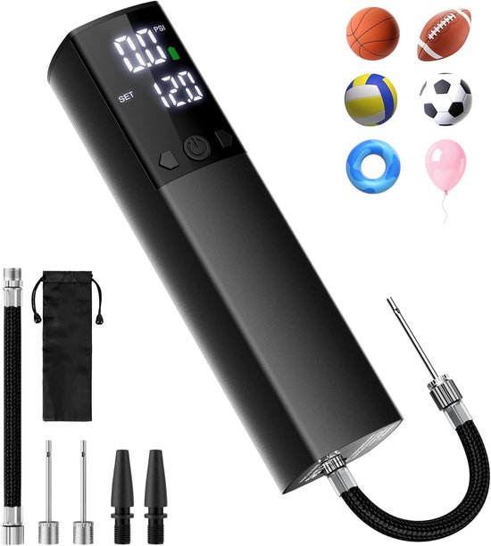 Elektrische Ballpomp - Draagbare Automatische Snelpomp met Precieze Manometer & LCD-scherm - voor Basketbal, Voetbal, Volleybal - Zwart - 2 Naalden & 1 Mondstuk - 1 Stuk van Merkloos