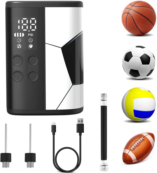 elektrische balpomp met 12 psi, 4000 mAh powerbank, LED-licht, auto-stop, compact. Ideaal voor voetbal, basketbal, volleybal - inclusief balpomp naalden