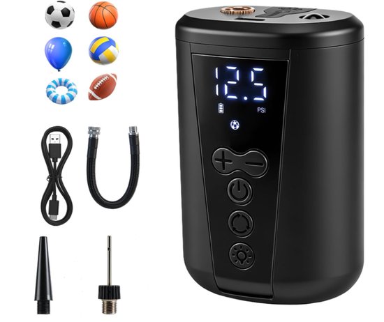 Elektrische balpomp, snelle opblaaspomp voor ballen met digitaal manometer, verstelbaar 2–15 PSI, LED-verlichting, 2000mAh draagbare luchtpomp voor voetbal, basketbal en volleybal. van Merkloos