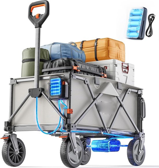 Elektrische Bolderkar Opvouwbaar - 200L Capaciteit - 60 kg Draagvermogen - 20 cm Offroad Wielen - 2 Remmen - Transportkar voor Camping, Tuin, Strand en Boodschappen - Grijs