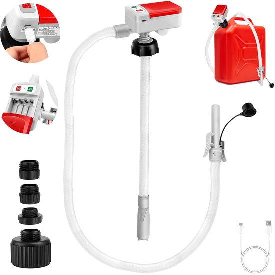 Elektrische Brandstofpomp 12V & USB-C – Automatische Overhevelpomp met Auto Stop – 12L/min Draagbare Benzine-, Diesel- & Kerosinepomp – Inclusief Slang en 4 Adapters voor Auto, Boot & Caravan