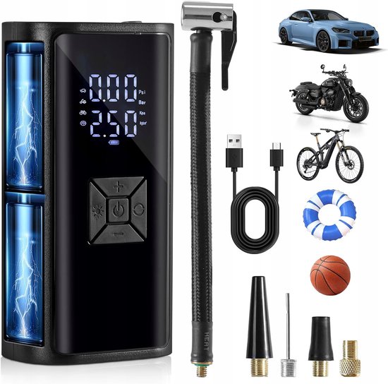 Elektrische Fietspomp - Elektrische Bandenpomp - Luchtcompressor - 150 PSI - 4 Standen - Automatische Stop - LCD - Universeel - Powerbank - Voor Fiets / Auto / Motor / Ballen