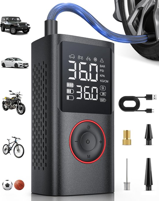 Elektrische fietspomp - Scooter Motor Auto - 4000 mAh - Draagbare luchtcompressor bandenpomp - Tot wel 10.3 bar - USB oplaadbaar van Merkloos