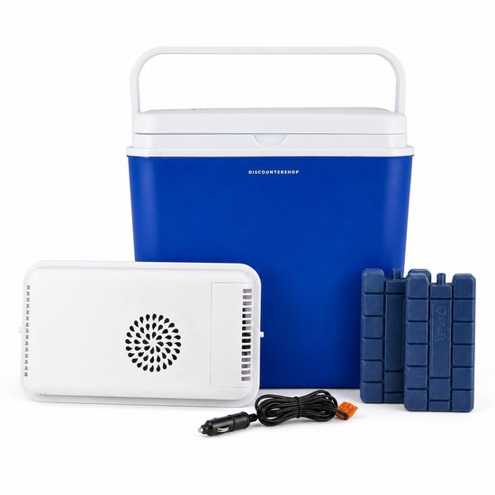 Elektrische Koelbox 24 Liter - Koelbox Elektrisch 12V - Auto Koelbox - Camping Koelbox - Frigobox Coolbox - Met 2 Deksels en 2 Koelelementen - Voor Auto, Camper, Caravan, Strand, Picknick en Vakantie - Blauw van Discountershop