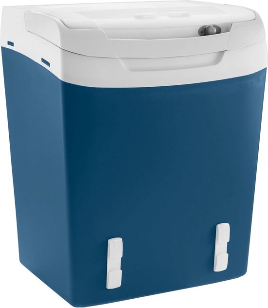 Elektrische koelbox 29 liter aansluiting 12/230 V met veiligheidsgordelbevestigingen voor het vastmaken in de auto koelen tot 18 °C onder kamertemperatuur blauw van Campart Travel