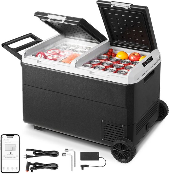 Elektrische koelbox 95L - Compressor koelbox - 12/24V DC & 100-240V AC - Met wielen en handvat - Vriest tot -20°C - Draagbare auto en camping koelkast