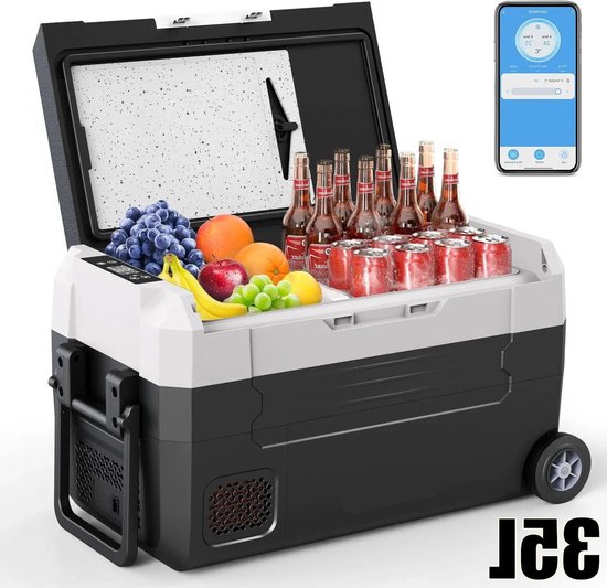 Elektrische Koelbox - Refrigerator - Frigobox - Vriezer - Auto Koelkast - Compressor Koelbox - 35L - Dual Zone Vriezer & Koeler - 12V / 24V DC, 100-240V AC - met Wielen en App-bediening - Voor Camping en Reizen van Merkloos