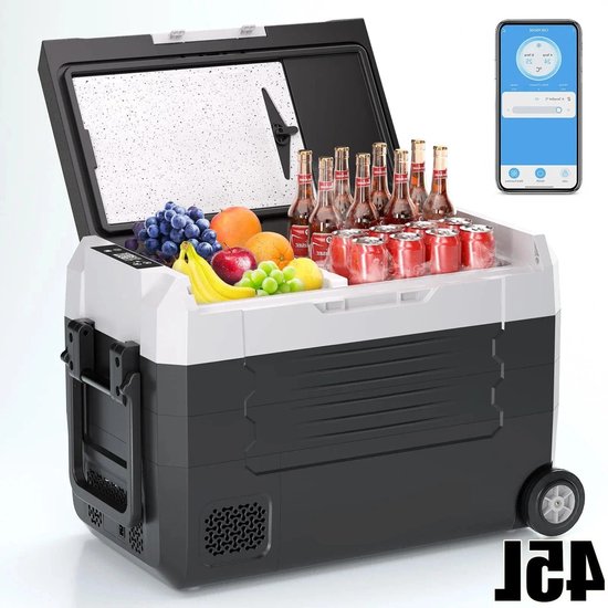 Elektrische Koelbox - Refrigerator - Frigobox - Vriezer - Auto Koelkast - Compressor Koelbox - 45L - Dual Zone Vriezer & Koeler - 12V / 24V DC, 100-240V AC - met Wielen en App-bediening - Voor Camping en Reizen van Merkloos