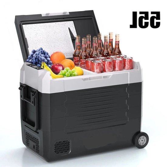 Elektrische Koelbox - Refrigerator - Frigobox - Vriezer - Auto Koelkast - Compressor Koelbox - 55L - Dual Zone Vriezer & Koeler - 12V / 24V DC, 100-240V AC - Voor Camping en Reizen - met Wielen - Standaard