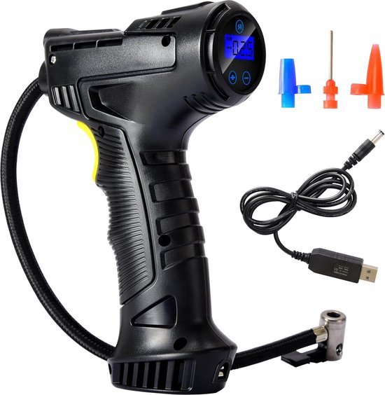 Elektrische luchtpomp 12V draagbaar - digitaal - fietspomp met 4 sproeiers - 2000 mAh accucompressor - balpomp - autopomp - autobandenvulling - auto fiets bal - opblaasbare voorwerpen van Merkloos