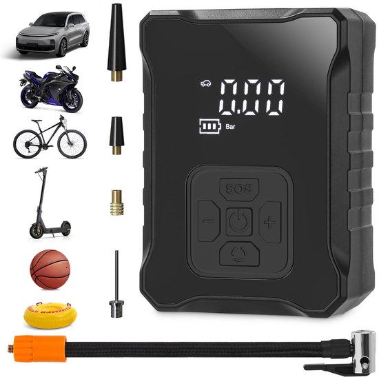 Elektrische Luchtpomp 150 PSI - Draadloze Autopomp met LED Display - 3600 mAh Accu - Voor Auto, Fiets, Motor, Ballen en Opblaasbaar Speelgoed - SOS Licht en Powerbank Functie van Merkloos