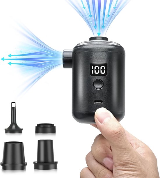 Elektrische luchtpomp, 3600 mAh, USB-oplaadbare accupomp, mini-luchtpomp, elektrische inflator, 280 l/min, met set van 4 sproeiers, digitale accu-indicator, draagbaar voor luchtmatras, zwemring van Merkloos