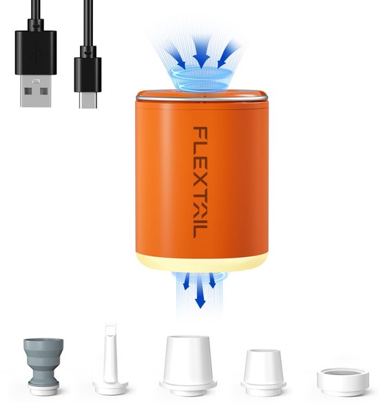 Elektrische luchtpomp 4.5 kPa, 180L/min, 5 Luchtsproeiers, 3-in-1 Mini Luchtpomp met Kampeerlantaarn Opblazen/Leeglaten voor Slaapmatten, Luchtbedden, Zwembadaccessoires