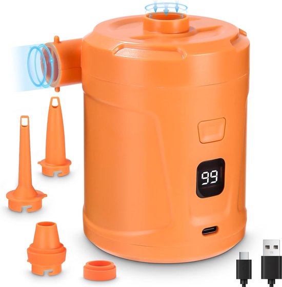 Elektrische luchtpomp, elektrische opblaas- en leeglooppomp, 5200 mAh oplaadbare batterij, luchtmatraspomp met 3 luchtmondstukken, snelle pomp voor opblaasboten/luchtmatrassen (oranje)