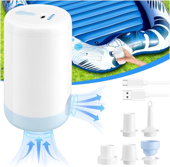 Elektrische luchtpomp - Luchtbed pomp - 5 luchtventielen - USB-C-interface - Draagbare mini - Supersnelle inflatie/deflatie - Ultralichte - Geschikt voor opblaasbedden, zwembanden, kampeerspullen, vacuümzakken, enz - blauw en wit