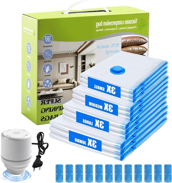 Elektrische Luchtpomp met 12 Transparante Vacuum Compressie Tassen voor Kledingopslag en Reizen - Ideaal voor Dagelijks Gebruik en Ruimtebesparing