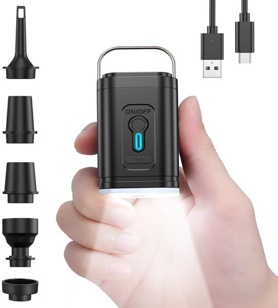 Elektrische luchtpomp met 5 luchtmondstukken, 2-in-1 mini-opblaas- en deflectorluchtpomp, draagbaar met USB-oplaadbare 2400 mAh luchtkussenpompaccu