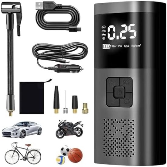 Elektrische Luchtpomp Met 6000 mAh Accu En 12V Aansluiting – Draagbare Bandenspanningscompressor Met Digitaal Display, Automatische Stop En 4 Adapters Voor Auto, Motorfiets, Fiets En Bal van Merkloos