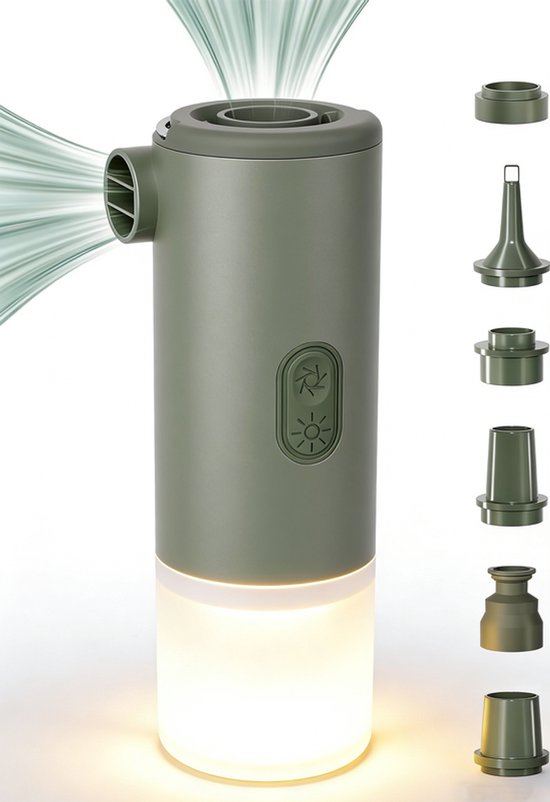 Elektrische luchtpomp met campingzaklamp; kan gebruikt worden als ontluchtingspomp op de camping, als opblaaspomp voor luchtmatrassen in het zwembad of als draagbare luchtpomp voor op reis (groen). van Merkloos