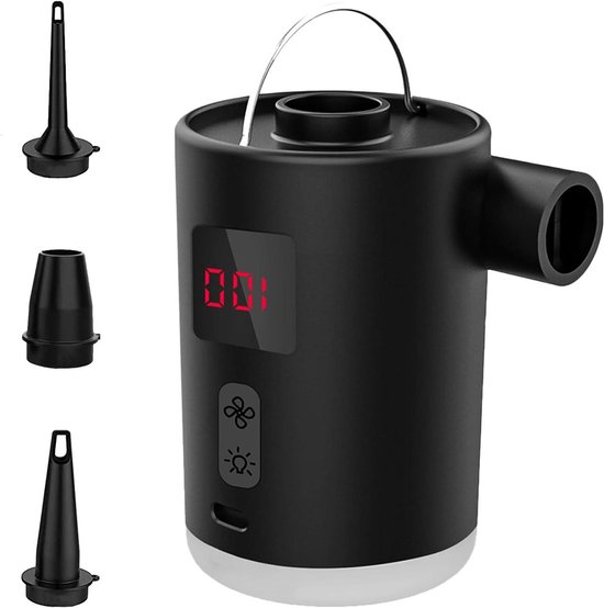Elektrische Luchtpomp - Mini Pomp - Kamperen en Reizen - Oplaadbaar met LED - 11.4 cm Hoog - Zwart