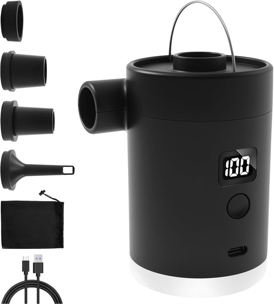 Elektrische Luchtpomp - Oplaadbare Accu Pomp - Snel Opblazen Leeglopen - Ingebouwde Campinglamp - Mini Draagbaar Design - Zwart Wit Opties