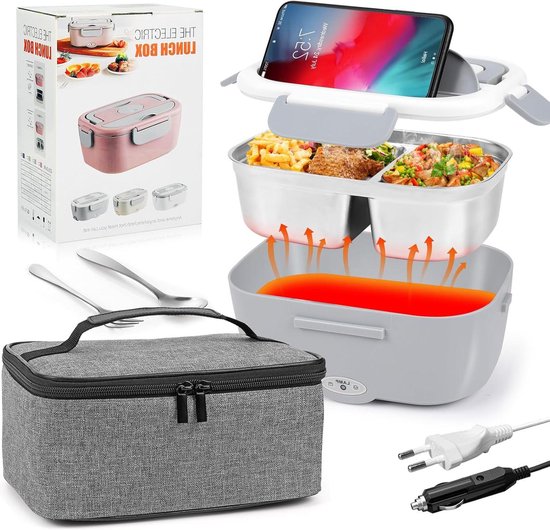 Elektrische lunchbox 15 l met lepel en thermische tas - Verwarmde kom - 12 V/24 V/220 V - Auto vrachtwagen school kantoor - Roestvrij staal thermobox - Warme maaltijden van Merkloos