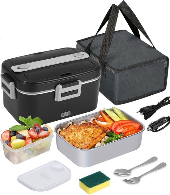 Elektrische lunchbox 3-in-1 – 1.8L, 12/24/220V, met bestek en tas,voor auto, kantoor en thuis – opwarmen onderweg, zwart