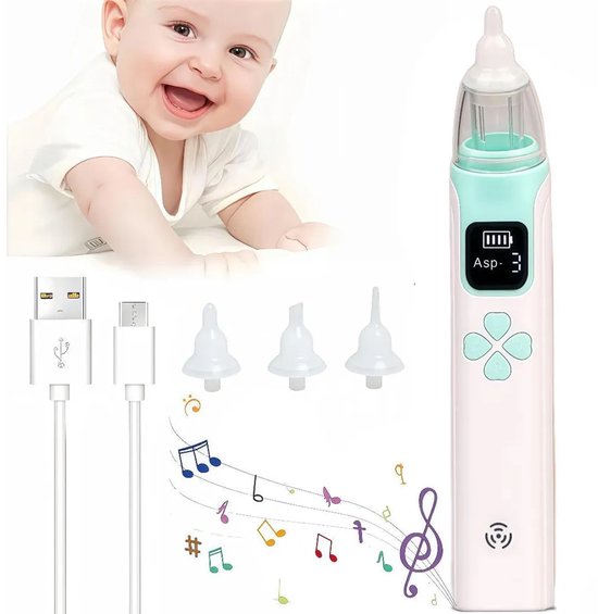 Elektrische neusaspirator voor baby's, 3 zuigniveaus, 3 siliconen opzetstukken, 2-in-1 neusaspirator en stofzuiger, anti-terugstroomfunctie, inclusief kinderliedjes voor pasgeborenen (groen). van Merkloos