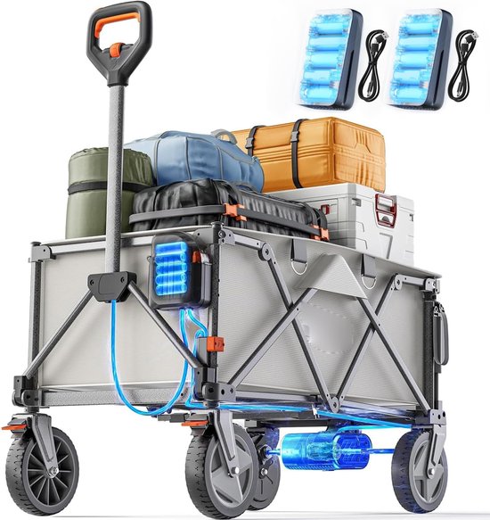 Elektrische Opvouwbare Bolderkar – 200L Transportkar met 20 cm Offroad Wielen – 60 kg Draagvermogen – 2 Remmen – Inclusief 2 Batterijen – Handkar voor Camping, Tuin, Strand en Boodschappen