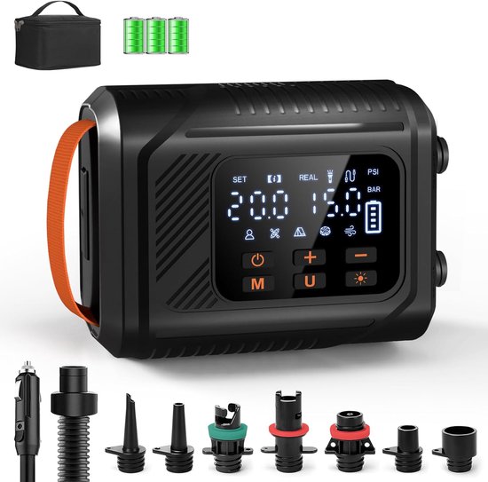 Elektrische Pomp 20 PSI – 13.500 mAh Accu – Digitaal Display – 6 Opzetstukken – Auto Stop – LED
