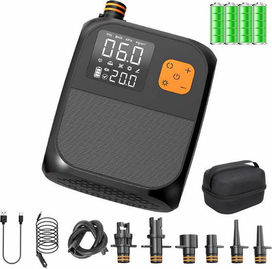 Elektrische SUP-pomp 25 PSI, oplaadbare elektrische paddle-opblaaspomp 8000mAh USB-C / auto DC12V, 6 SUP-mondstukken, snelle opblaaspomp met automatische stopfunctie voor luchtmatrassen, kano's, kajaks en opblaastenten. van Merkloos
