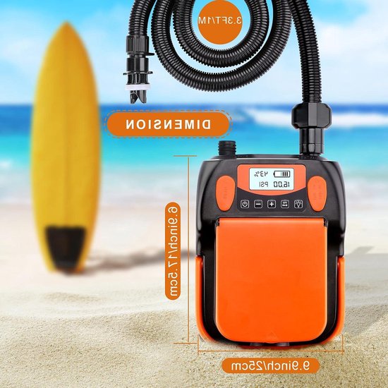 Elektrische SUP Pomp - Accu Compressor - Luchtbedden Vullen - Instelbare Druk - 0-16 PSI - Oranje Zwart