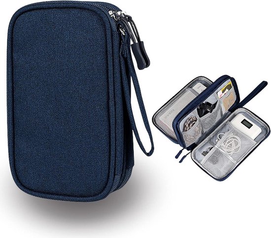 Elektronische Tas Organizer - Kabel etui - Reis Accessoires - Dubbellaags Opbergvak - 21 x 12.5 cm - Blauw