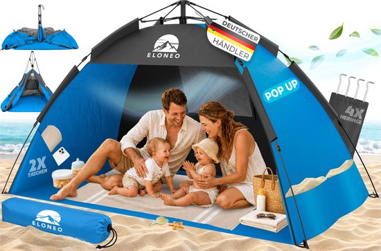 ELONEO Pop-up Strandtent UV-bescherming 80+, Lichtgewicht en compact inkl. draagtas, Strandzonwering & windbescherming voor baby’s en volwassenen - XL Blauw