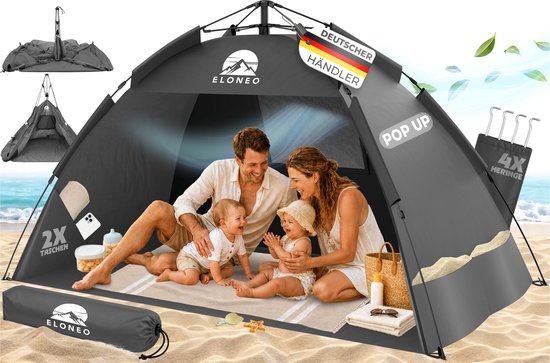 ELONEO Pop-up Strandtent UV-bescherming 80+, Lichtgewicht en compact inkl. draagtas, Strandzonwering & windbescherming voor baby’s en volwassenen - XL Grijs