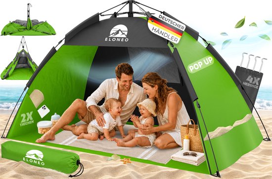 ELONEO Pop-up Strandtent UV-bescherming 80+, Lichtgewicht en compact inkl. draagtas, Strandzonwering & windbescherming voor baby’s en volwassenen - XL Groen