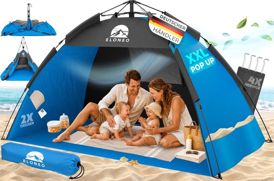ELONEO Pop-up Strandtent UV-bescherming 80+, Lichtgewicht en compact inkl. draagtas, Strandzonwering & windbescherming voor baby’s en volwassenen - XXL Blauw