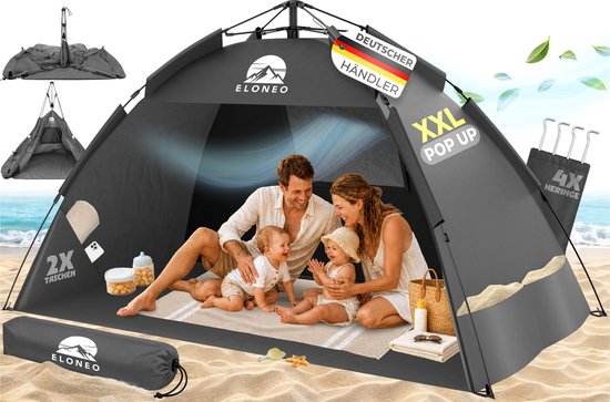 ELONEO Pop-up Strandtent UV-bescherming 80+, Lichtgewicht en compact inkl. draagtas, Strandzonwering & windbescherming voor baby’s en volwassenen - XXL Grijs