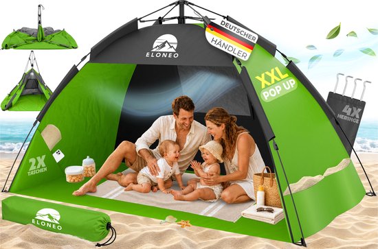 ELONEO Pop-up Strandtent UV-bescherming 80+, Lichtgewicht en compact inkl. draagtas, Strandzonwering & windbescherming voor baby’s en volwassenen - XXL Groen