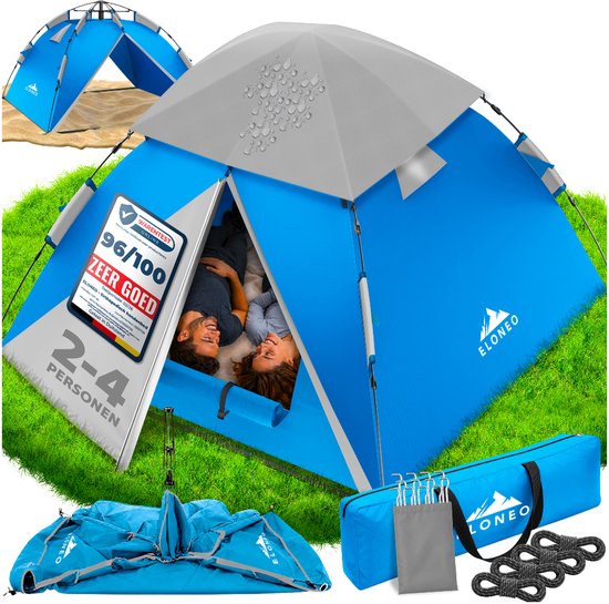 ELONEO Pop-up Tent 2-4 Personen, Wurftent met snelle opbouw – Campingtent 245 x 225 x 150 cm ,Inclusief draagtas, Blauw/Grijs