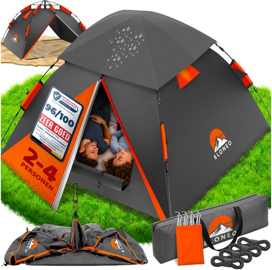 ELONEO Pop-up Tent 2-4 Personen, Wurftent met snelle opbouw – Campingtent 245 x 225 x 150 cm ,Inclusief draagtas, Oranje/Grijs