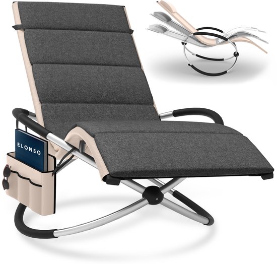 ELONEO Schommel Ligstoel met Ligkussen en Zijvak – Relaxstoel tot 180 kg - Weerbestendig - Balkon & Tuin van Merkloos