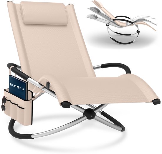 ELONEO Schommel Ligstoel voor Buiten met Zijvak, Relaxstoel tot 180 kg, Weerbestendige Tuinligstoel, Ligstoel voor Balkon en Tuin van Merkloos