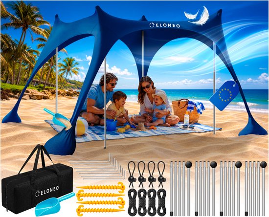 ELONEO Strandtent met Zonnedoek - UV-bescherming UPF 50+, Windscherm, Strandaccessoires & Camping, Blauw 228x214x200 cm